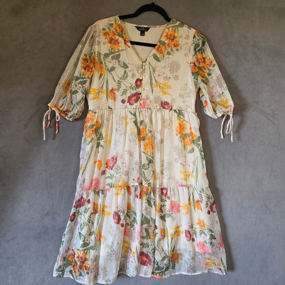 Mlle Gabrielle Floral Tiered Midi Dress Women Small Metallic Cottage Whimsical